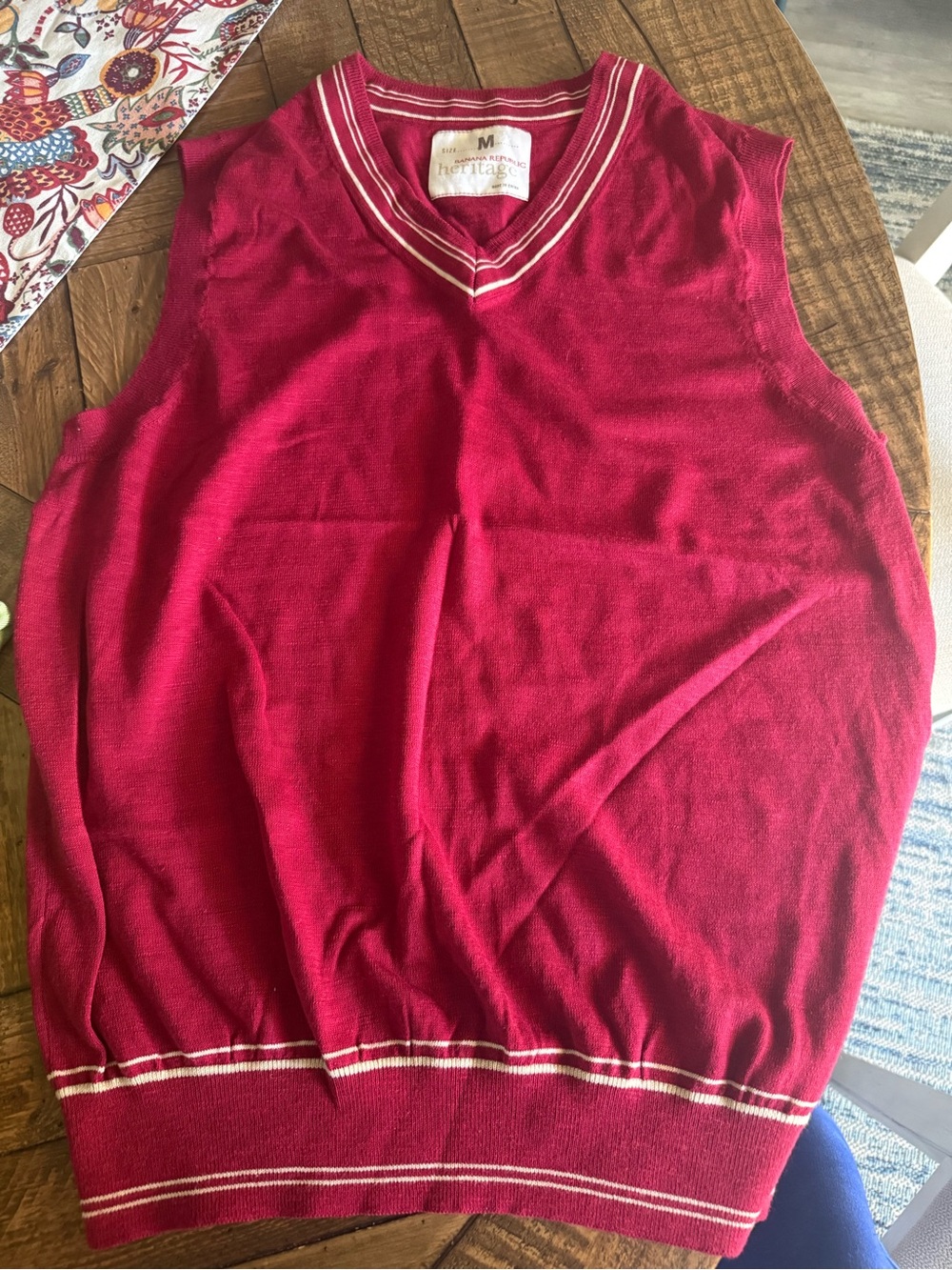 Banana Republic Red V-Neck Sweater Vest with White Stripe Trim